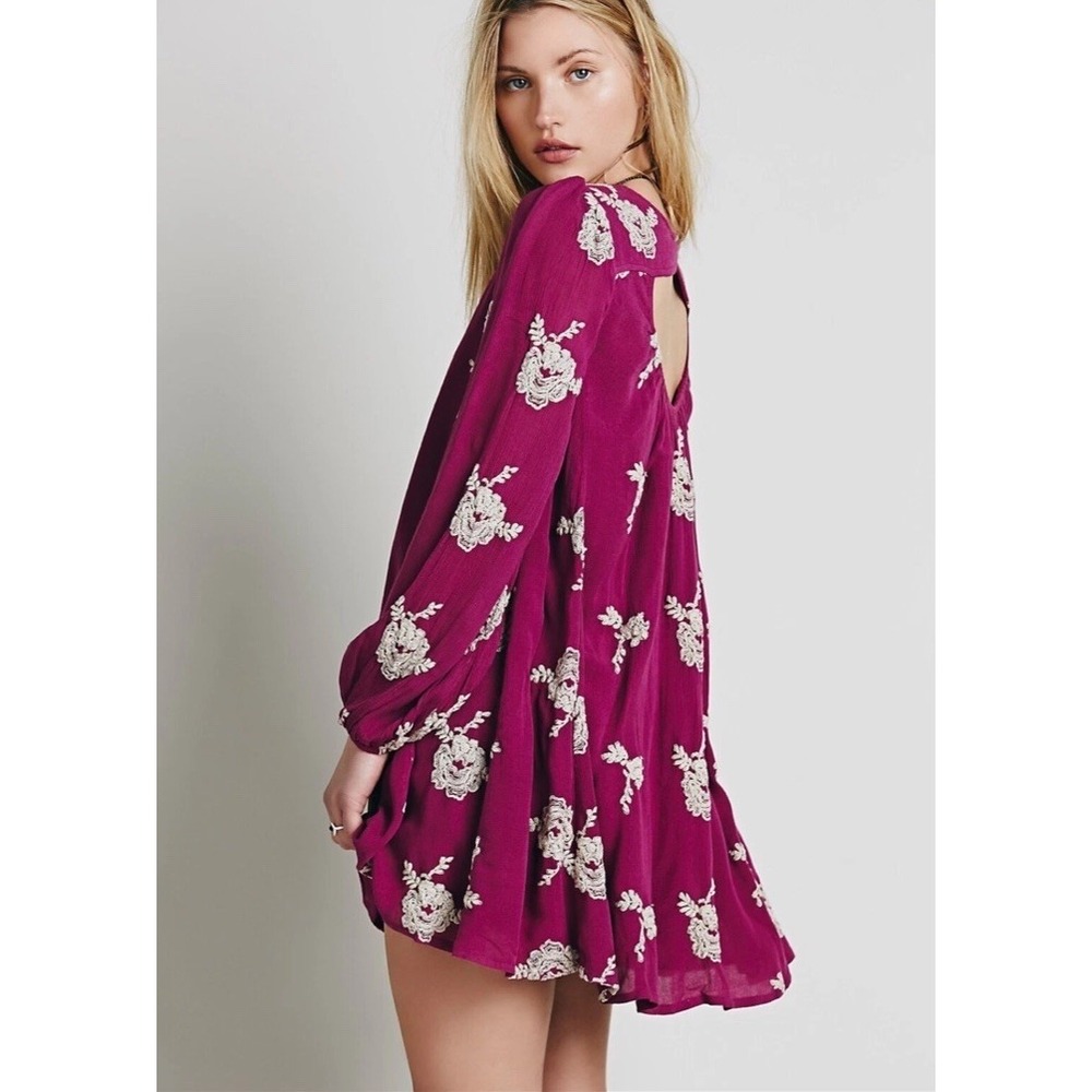 Free People Emma Austin Embroidered Tunic Swing Dress S Maroon Floral Boho MIni